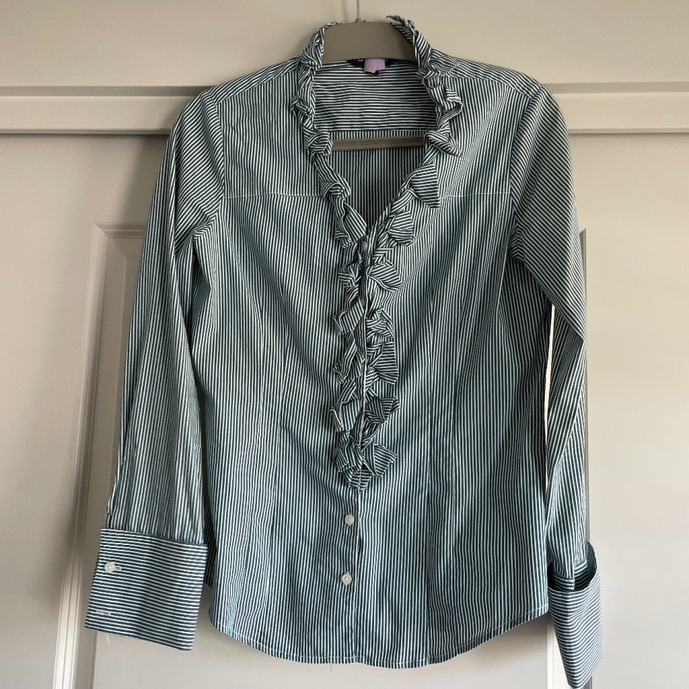 EXPRESS DESIGN STUDIO Stripe Ruffle Long Cuff Button Down Shirt